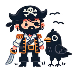 Cartoon-style illustration of an adorable pirate theme with a clean white background, capturing a playful and whimsical nautical vibe for fans of pirates, cats, and minimalist designs