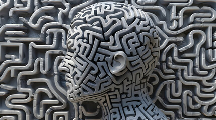 3D human head, maze structure with labyrinth-style brain, highly detailed gray maze patterns as background, macro photography