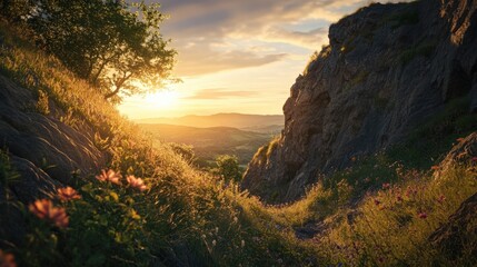 Breathtaking sunset over a serene valley, highlighting rocky cliffs and lush greenery.