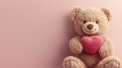A fluffy teddy bear sits against a soft pink background, holding a heart-shaped cushion, making it an ideal present for Valentine's Day love and affection
