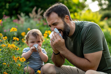 Obraz premium Father and Toddler Suffering from Allergic Sneezing Outdoors Among Spring Flowers in a Sunlit Garden