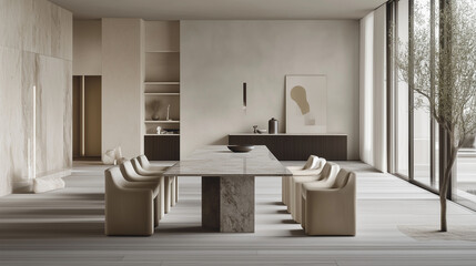 Use soft shades of white, beige, and light gray for the walls, furniture, decor. Incorporate modern, functional furniture like sleek sofas with simple geometric forms,built-in shelving with minimalist