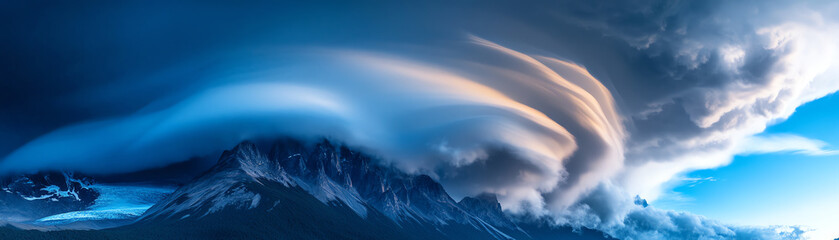 Obraz premium Breathtaking view of swirling clouds over mountains at dusk, showcasing nature's powerful beauty and dynamic atmosphere.