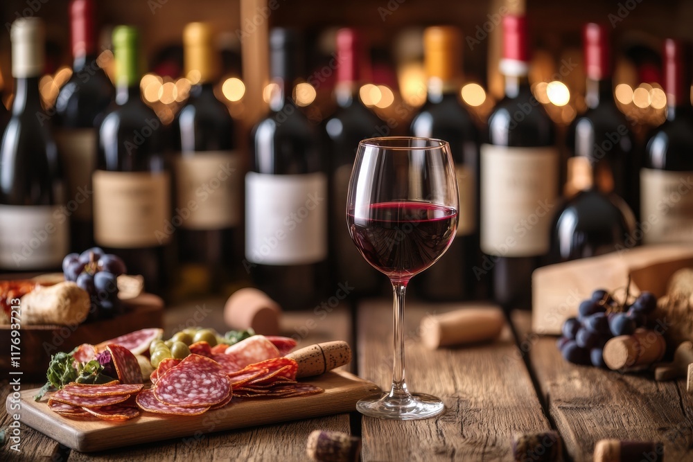 Poster elegant wine cellar showcasing vintage bottles with a tasting table featuring red wine and a gourmet