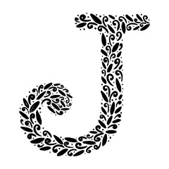 Floral botanical alphabet. Vintage hand drawn monogram letter J. Letter with plants and flowers. Vector lettering isolated on white