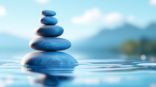 Calm and serene stacked stones balanced on water, reflecting nature's beauty and tranquility, perfect for relaxation and meditation themes.