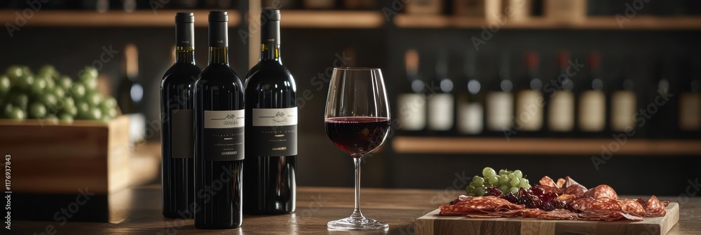 Aufkleber elegant wine cellar featuring vintage bottles and a tasting table with charcuterie and red wine in a