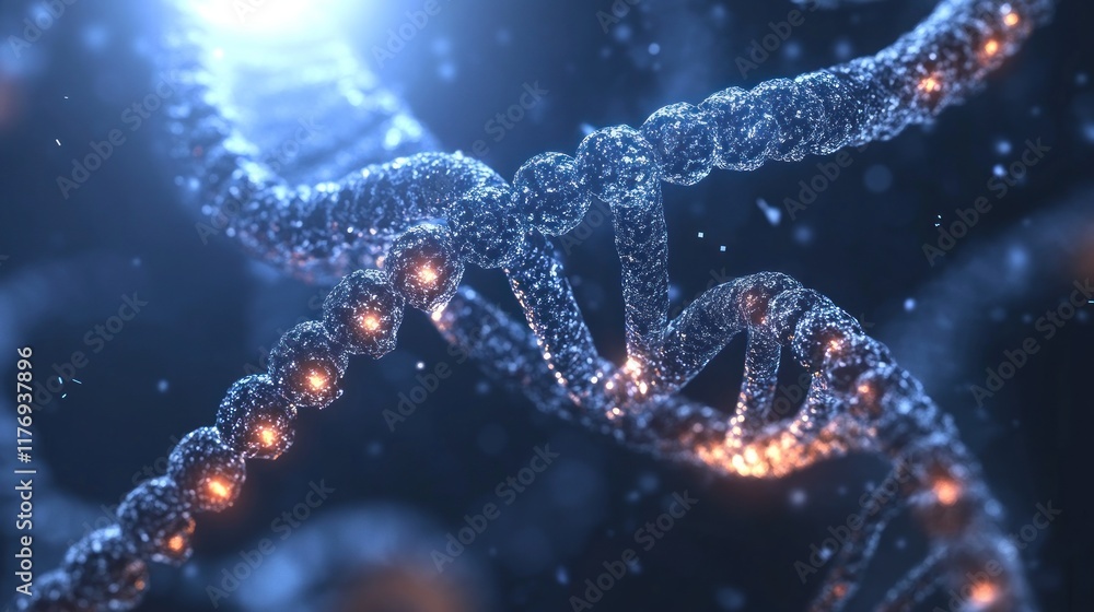 Poster microscopic view of dna double helix structure: a 3d render of genetic code