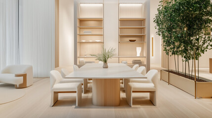 Fototapeta premium Use soft shades of white, beige, and light gray for the walls, furniture, decor. Incorporate modern, functional furniture like sleek sofas with simple geometric forms,built-in shelving with minimalist