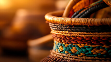 Fototapeta premium Close-up of intricately woven baskets, showcasing vibrant colors and textures, representing craftsmanship and cultural heritage.