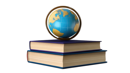 Global Knowledge: A small globe rests atop a stack of two thick hardcover books, symbolizing the pursuit of knowledge and the vastness of the world around us.  