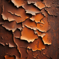 Obraz premium Close-up of peeling rust on metal surface, showcasing intricate textures and shades of orange and brown, symbolizing decay and neglect.