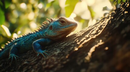 Colorful lizard resting on a tree trunk in the warm sunlight, surrounded by green leaves and gentle shadows.