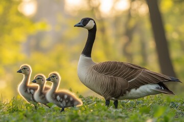 Ducks enjoy a sunny spring day by the riverbank with their fluffy ducklings in tow