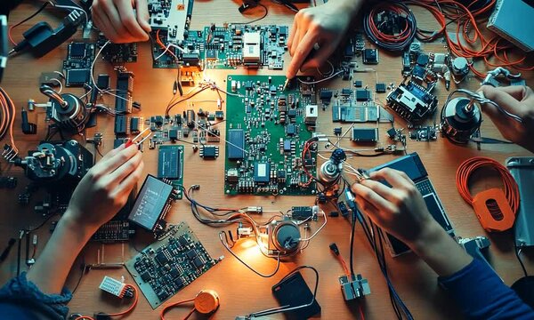 A collaborative electronics project with hands assembling circuit boards and components.