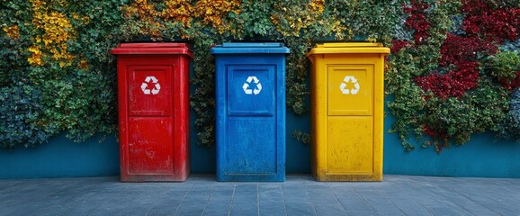 Three Colorful Recycling Bins Against a Vibrant Green Wall