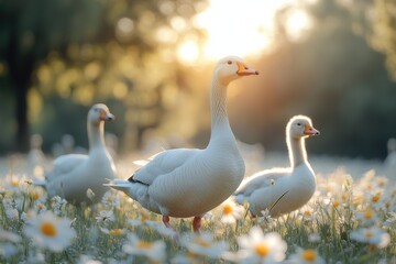 Fototapeta premium Ducks wandering through a field of flowers during a sunny spring afternoon