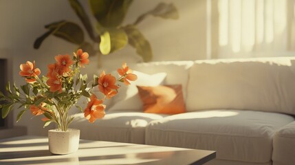 Bright and Cozy Living Room with Orange Flowers and Sunlight