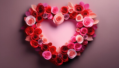 Obraz premium heart shaped wreath made of red and pink paper roses on minimalist background evokes romantic atmosphere