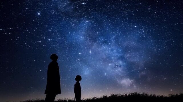 Silhouette of a father and son standing on a grassy hill, gazing up at a breathtaking night sky filled with stars and the Milky Way.