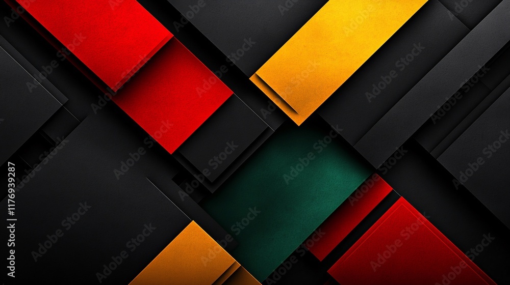 Poster geometric abstract design featuring bold colors and layered shapes on a black background