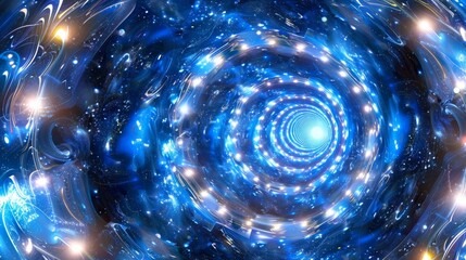 Futuristic digital galaxy with glowing particles and dynamic circular patterns in motion