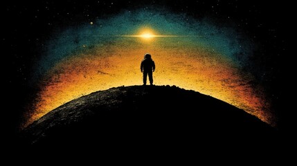 Fototapeta premium Astronaut silhouette on alien planet, facing bright star.