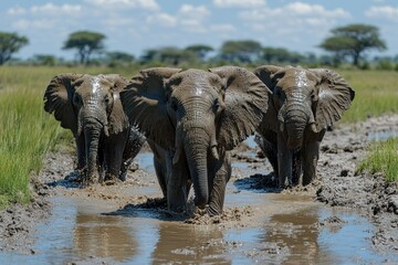 Fototapeta premium Three elephants playing in a muddy spring surrounded by tall grass and trees under a blue sky