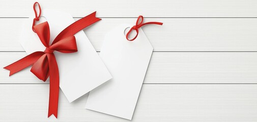 Minimalistic gift tags adorned with flowing red bows perfect for elegant gift wrapping branding or personalized event stationery