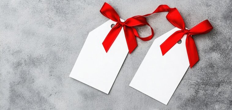 Minimalistic gift tags adorned with flowing red bows perfect for elegant gift wrapping branding or personalized event stationery