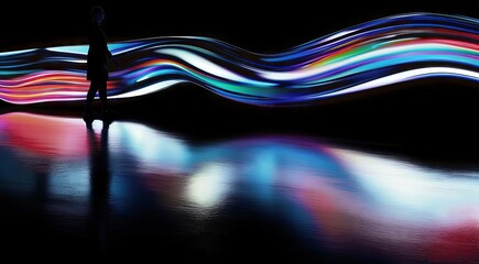 A silhouette of a man standing in front of an installation of light paintings and his body reflected on the surface below him.