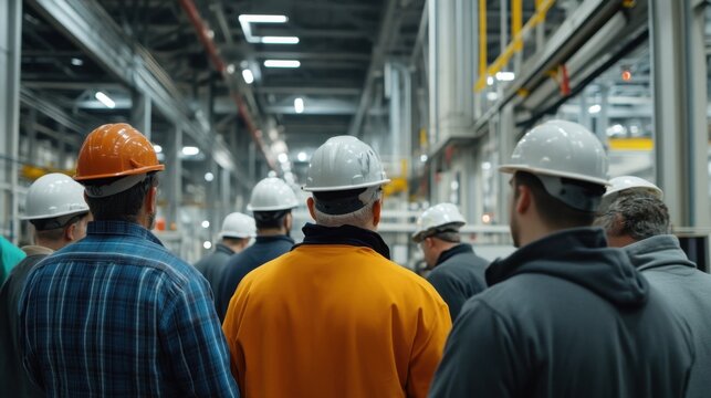 Group of workers in protective helmets observing manufacturing process in modern industrial facility during safety training session in factory environment