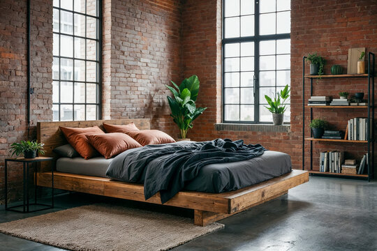 Industrial-style bedroom with a reclaimed wood platform bed, exposed brick walls, and large steel-framed windows allowing natural light.