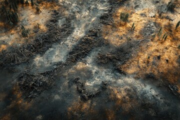 Aerial view of burnt landscape showing deforestation, charred trees, and dry earth, highlighting environmental impact and ecological destruction in nature