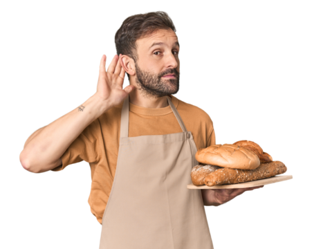 Hispanic male baker with bread tray trying to listening a gossip.
