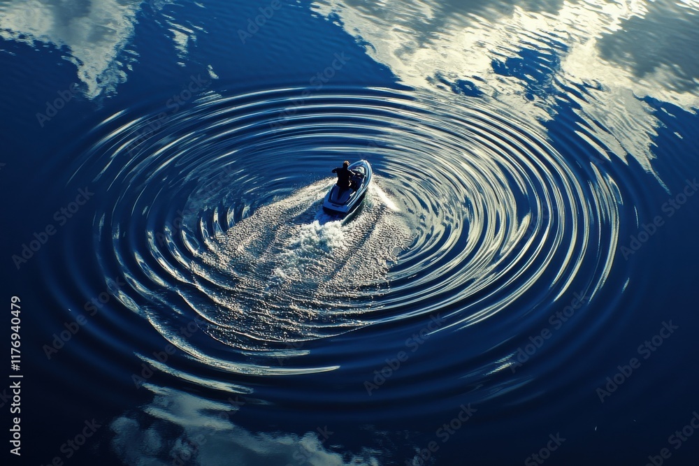 Poster aerial view of jetski creating circular patterns on calm water surface with soft diffused lighting r