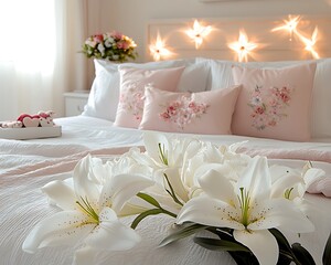 A charming Valentine bedroom with delicate white lilies on the bed soft pink floral accents on the pillows and a serene calm atmosphere created by muted lighting