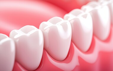 A close-up view of white teeth against a pink backdrop, highlighting dental health and hygiene.