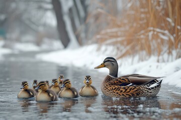 Ducks swimming peacefully in a frozen pond surrounded by tall grasses during winter