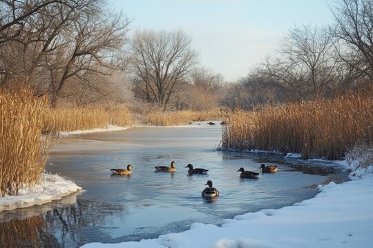 Ducks swimming peacefully in a serene winter landscape with frozen water and bare trees