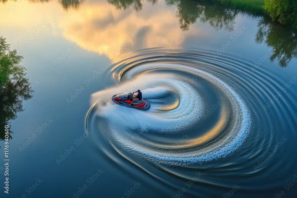 Poster aerial view of jet ski creating circular pattern on reflective lake surface with soft diffused light
