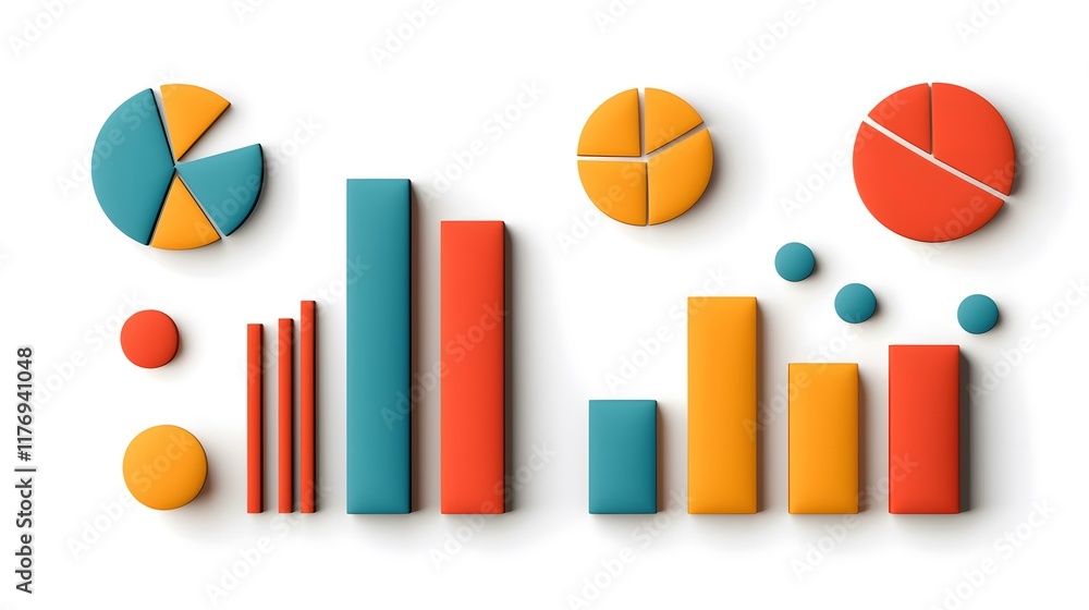 Poster the image contains various colorful 3d shapes representing data in the forms of pie charts and bar g