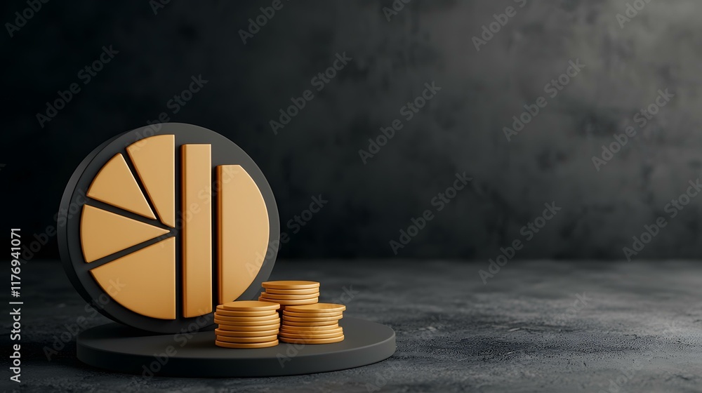 Poster a 3d rendering of a gold pie chart and stacks of gold coins on separate black platforms against a da
