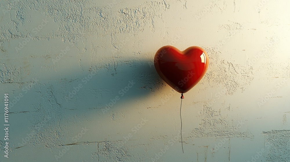 Poster a vibrant red heart-shaped balloon is gracefully attached to a minimalist string, casting a soft sha