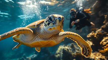 Fototapeta premium Underwater scene featuring a turtle and a diver exploring marine life.
