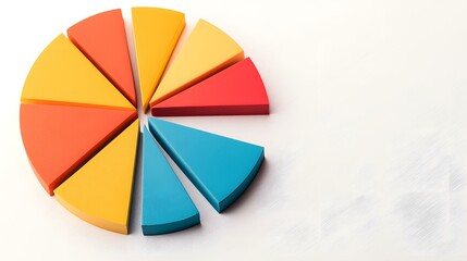 Obraz premium A three-dimensional pie chart is depicted, segmented into eight triangular sections in varying shades of orange, yellow, and blue, against a white background.