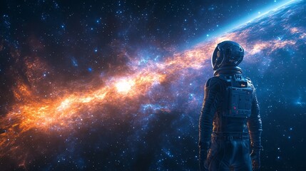 Astronaut gazes at vibrant cosmic nebula during space exploration journey