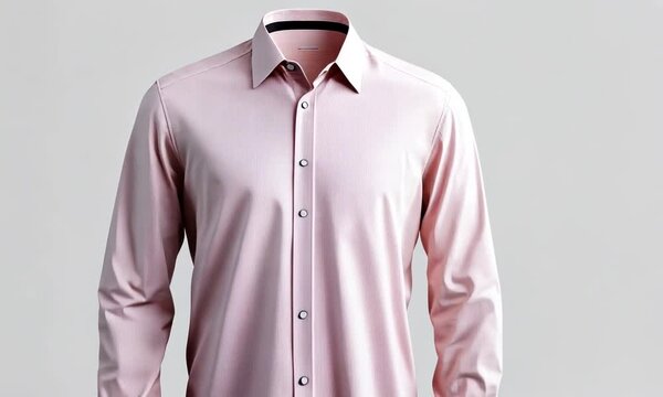 A floating pink dress shirt displayed against a neutral background for fashion presentation.