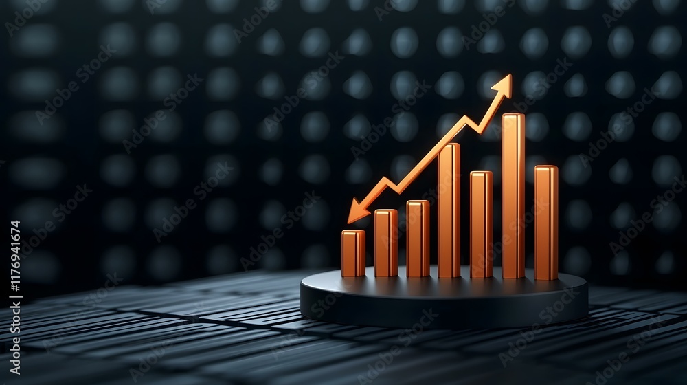 Poster a 3d rendered image of a bar graph with an upward trending arrow, showing initial decline followed b