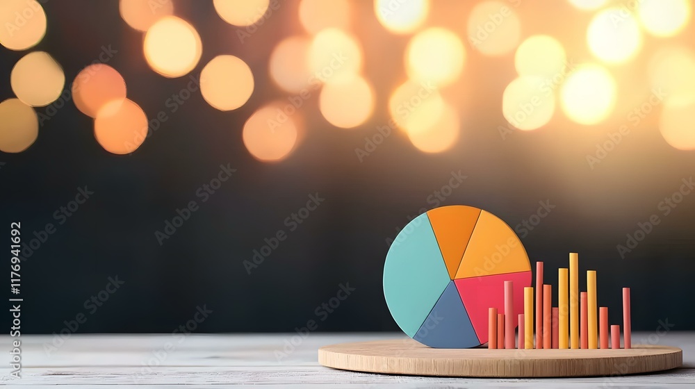 Poster a colorful pie chart and bar graph made of wood sit on a small wooden platform against a bokeh backg